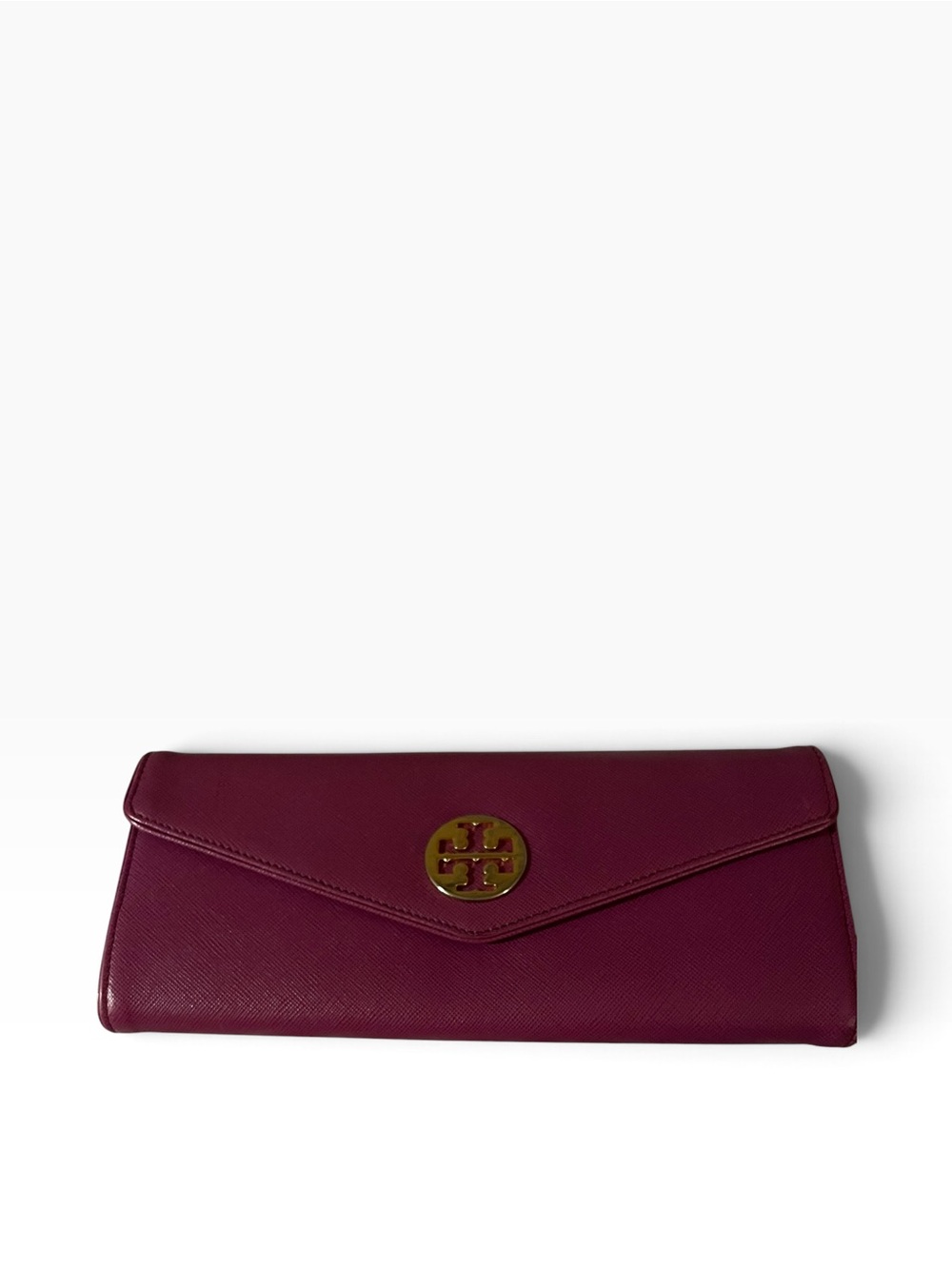 Tory Burch Plum Leather Envelope Clutch with Gold Logo